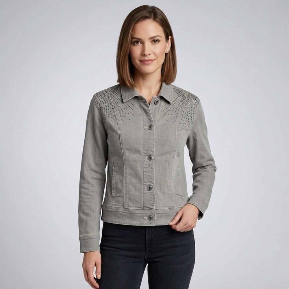 Chicos Platinum Grey Jewel Denim Jacket Studs Grey Size 2 Long Sleeve Coat Gray